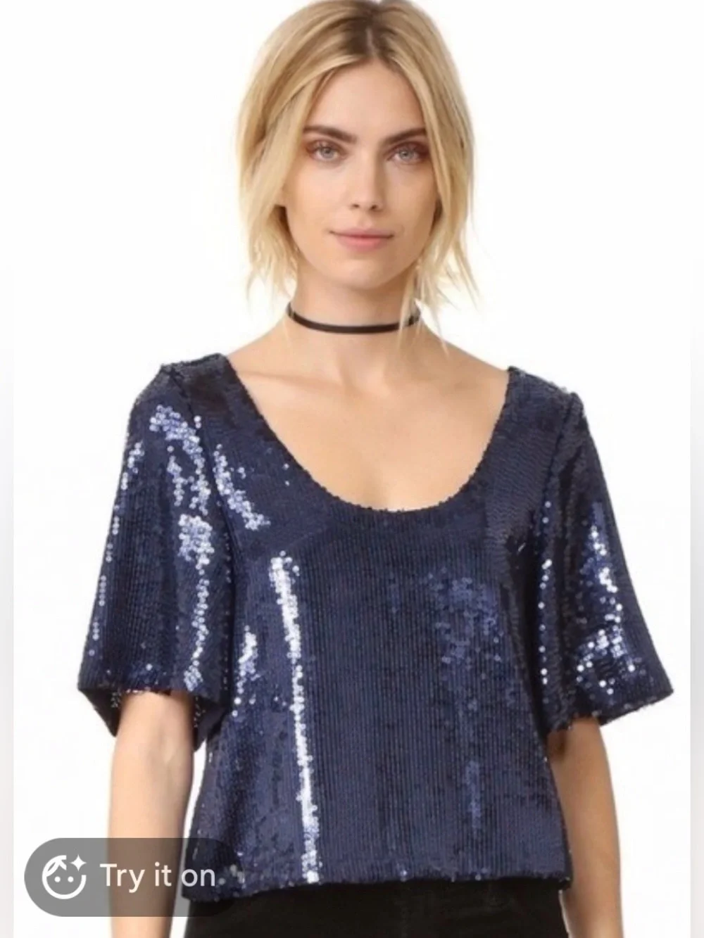 Free People Sequined Navy Scoop Neck Short Sleeve Top size S/P